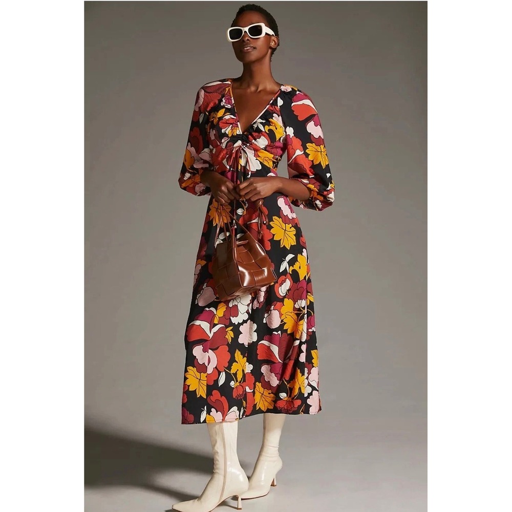 Maeve Anthropologie Maxi Dress Womens Size 0 Floral Puff Sleeve Boho Chic Retro